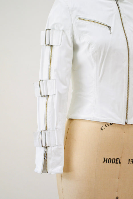 Vintage White Leather Moto Jacket, Buckle Sleeves, Y2K Bondage Style