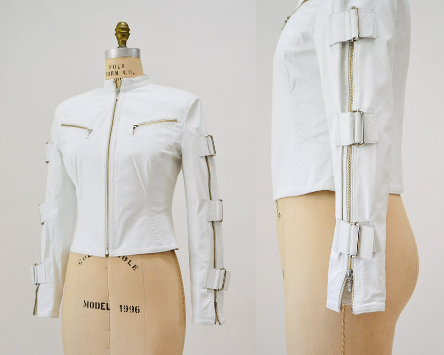 Vintage White Leather Moto Jacket, Buckle Sleeves, Y2K Bondage Style