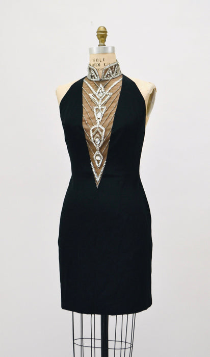 80s 90s Vintage BOB MACKIE Dress Black Sequin Beaded Metallic Halter Neck// Black Metallic Sequin Halter Mini Dress Bob Mackie Cher XS