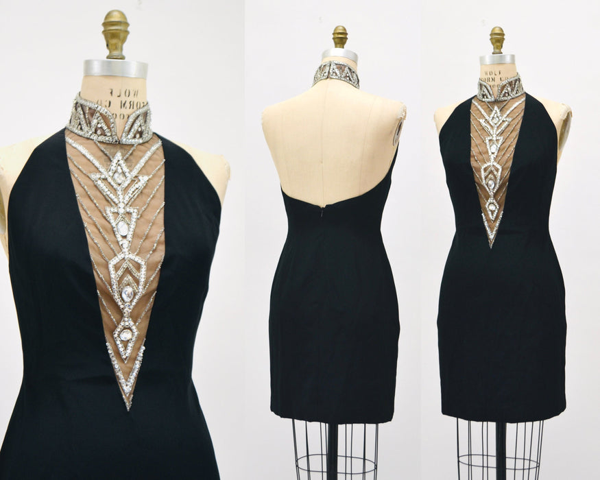 80s 90s Vintage BOB MACKIE Dress Black Sequin Beaded Metallic Halter Neck// Black Metallic Sequin Halter Mini Dress Bob Mackie Cher XS