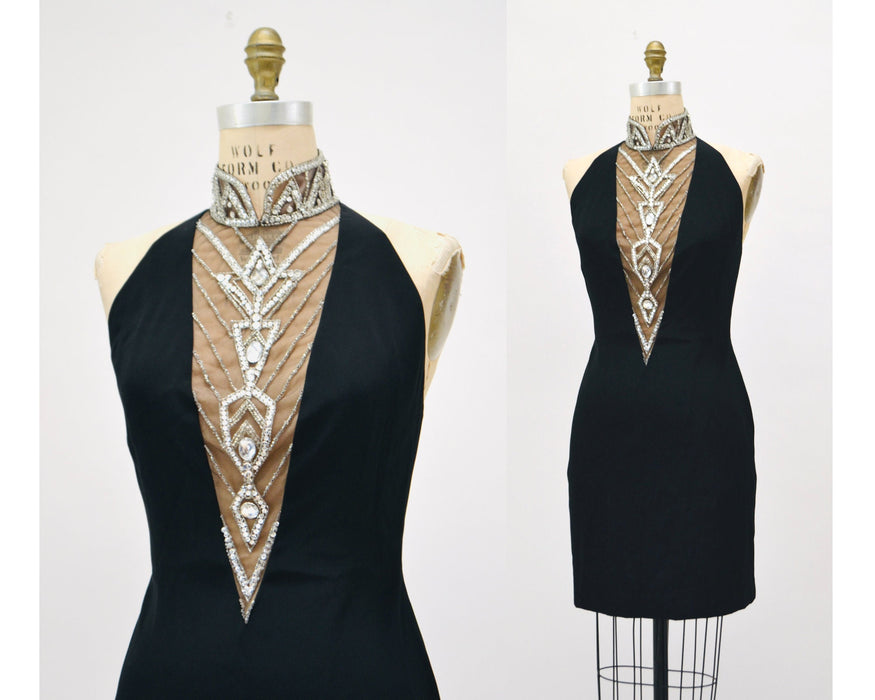 80s 90s Vintage BOB MACKIE Dress Black Sequin Beaded Metallic Halter Neck// Black Metallic Sequin Halter Mini Dress Bob Mackie Cher XS