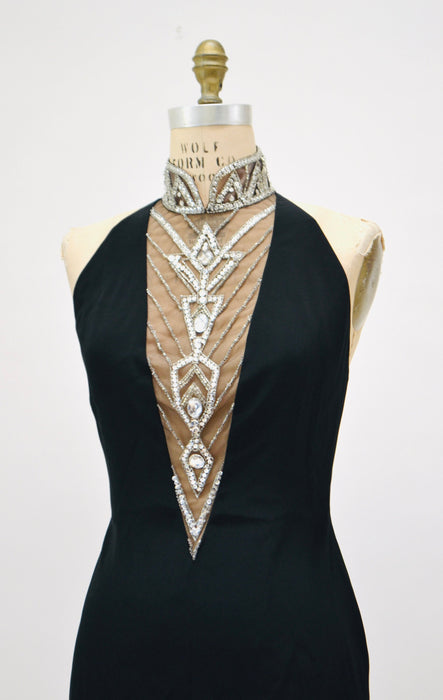 80s 90s Vintage BOB MACKIE Dress Black Sequin Beaded Metallic Halter Neck// Black Metallic Sequin Halter Mini Dress Bob Mackie Cher XS