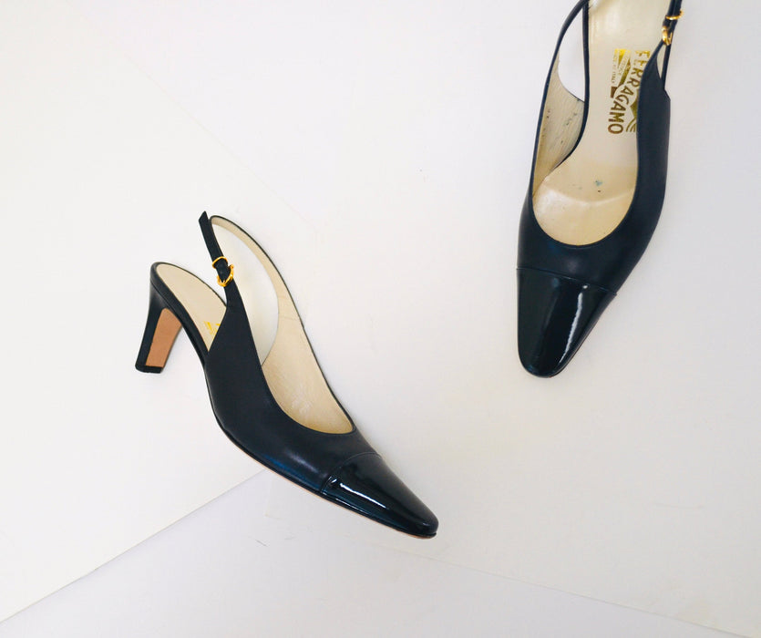 Vintage Ferragamo Slingback Pumps, Navy Leather Heels, Size 10AA