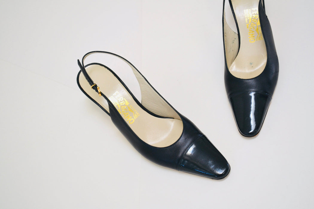 Vintage Ferragamo Slingback Pumps, Navy Leather Heels, Size 10AA