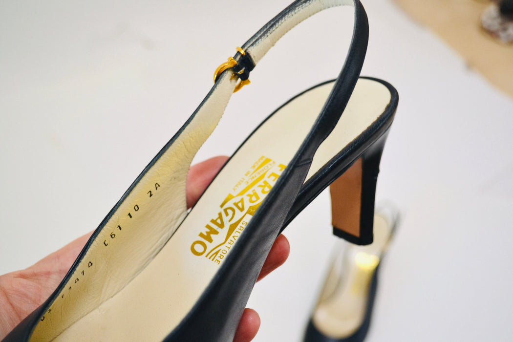 Vintage Ferragamo Slingback Pumps, Navy Leather Heels, Size 10AA