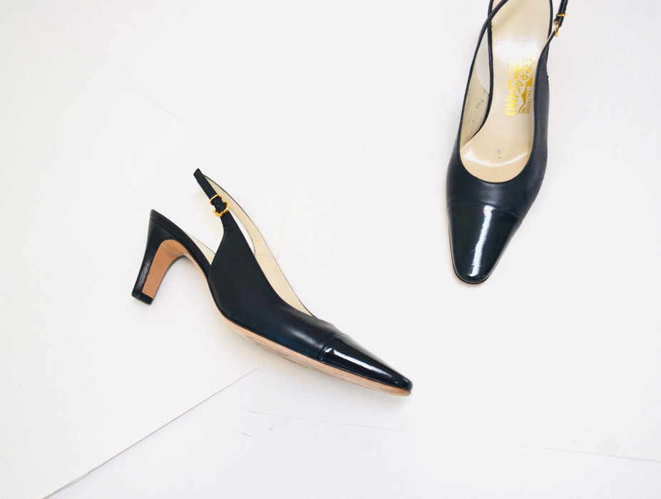 Vintage Ferragamo Slingback Pumps, Navy Leather Heels, Size 10AA