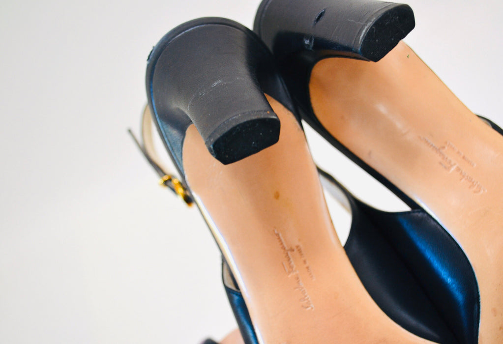 Vintage Ferragamo Slingback Pumps, Navy Leather Heels, Size 10AA