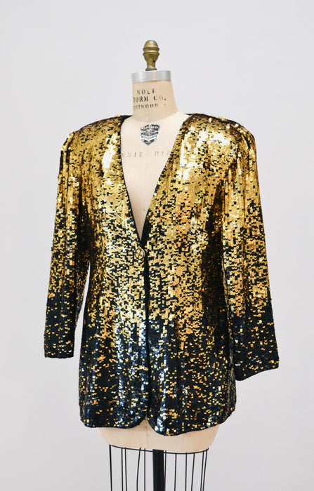 80s 90s Vintage Jacket Black Gold Black Metallic Ombre Sequin Jacket Medium// 80s 90s Glam Vintage Party Sequin Jacket Modi