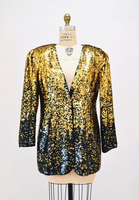 80s 90s Vintage Jacket Black Gold Black Metallic Ombre Sequin Jacket Medium// 80s 90s Glam Vintage Party Sequin Jacket Modi