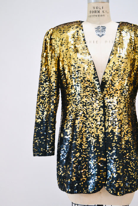 80s 90s Vintage Jacket Black Gold Black Metallic Ombre Sequin Jacket Medium// 80s 90s Glam Vintage Party Sequin Jacket Modi