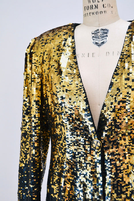 80s 90s Vintage Jacket Black Gold Black Metallic Ombre Sequin Jacket Medium// 80s 90s Glam Vintage Party Sequin Jacket Modi