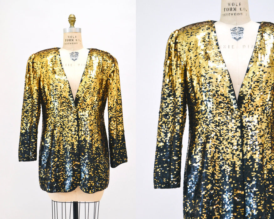 80s 90s Vintage Jacket Black Gold Black Metallic Ombre Sequin Jacket Medium// 80s 90s Glam Vintage Party Sequin Jacket Modi