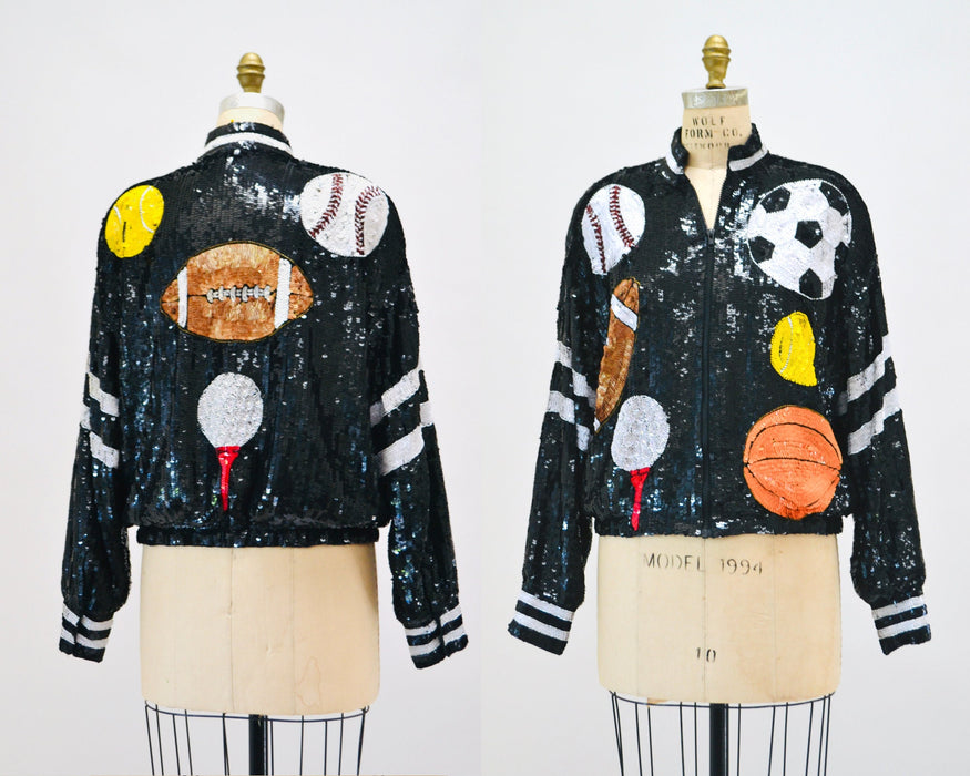 90s Sports Vintage Sequin Jacket Black Coach Athlete Jacket Modi Small Medium// Vintage Sequin Jacket Baseball Basketball Football Soccer