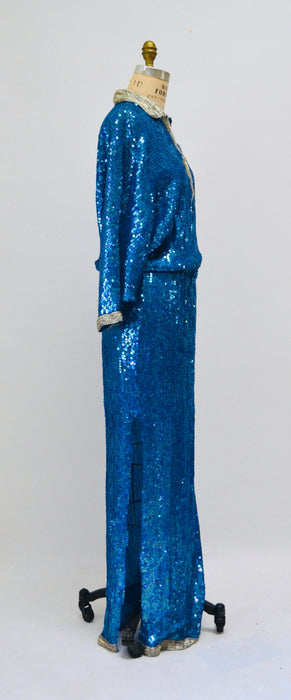 70s Vintage Blue Sequin Gown Dress Long Sleeve Blue Silk Sequin Gown By Riazee Naeem Khan 70s Sequin Dress Size Small Medium 80s Glam Gown