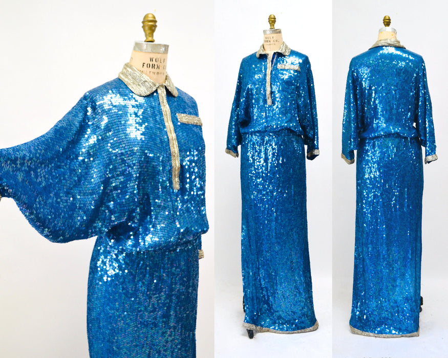 70s Vintage Blue Sequin Gown Dress Long Sleeve Blue Silk Sequin Gown By Riazee Naeem Khan 70s Sequin Dress Size Small Medium 80s Glam Gown