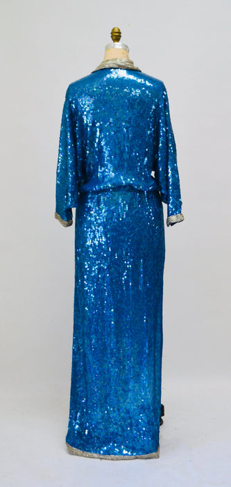 70s Vintage Blue Sequin Gown Dress Long Sleeve Blue Silk Sequin Gown By Riazee Naeem Khan 70s Sequin Dress Size Small Medium 80s Glam Gown