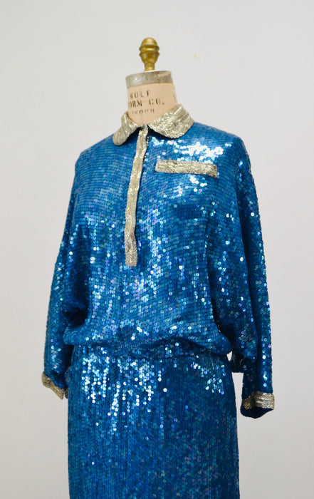 70s Vintage Blue Sequin Gown Dress Long Sleeve Blue Silk Sequin Gown By Riazee Naeem Khan 70s Sequin Dress Size Small Medium 80s Glam Gown