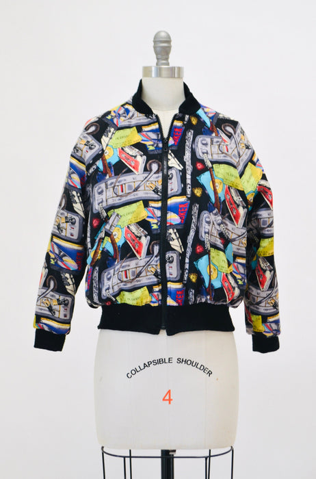 90s Hip Hop Music Jacket Nicole Miller Silk Bomber Jacket with Music // Vintage Music DJ Club Party Printed Jacket Kids Medium Adult size XS
