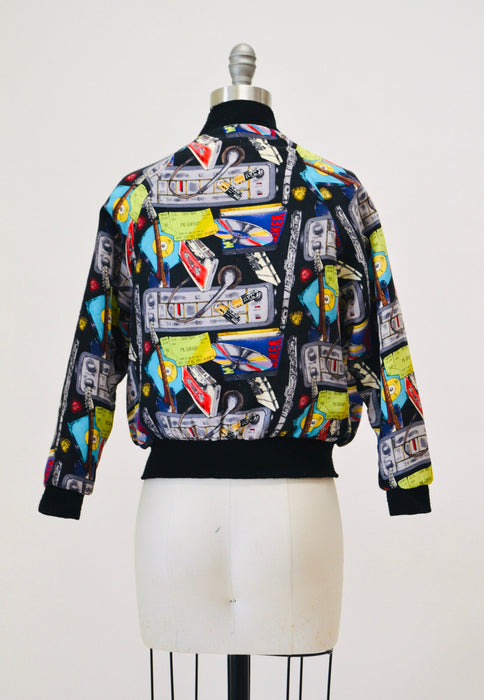90s Hip Hop Music Jacket Nicole Miller Silk Bomber Jacket with Music // Vintage Music DJ Club Party Printed Jacket Kids Medium Adult size XS