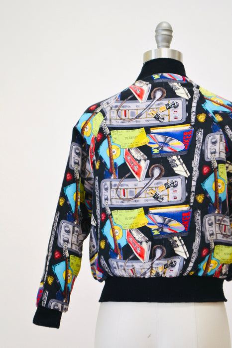 90s Hip Hop Music Jacket Nicole Miller Silk Bomber Jacket with Music // Vintage Music DJ Club Party Printed Jacket Kids Medium Adult size XS