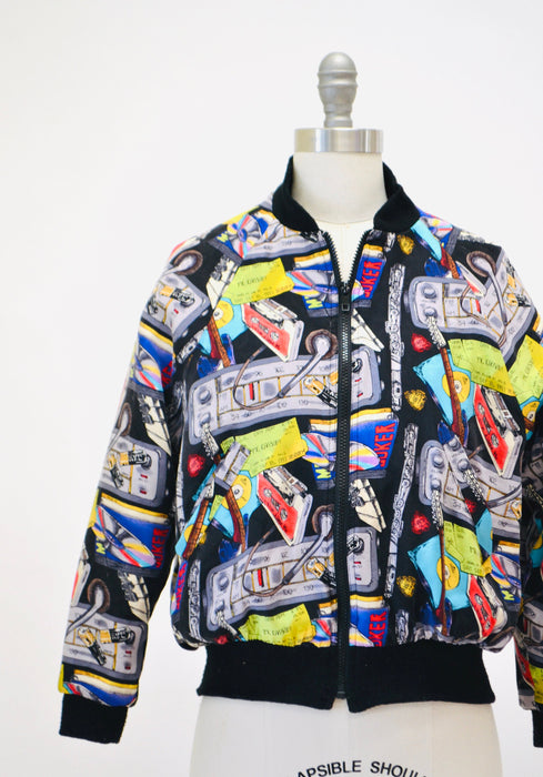 90s Hip Hop Music Jacket Nicole Miller Silk Bomber Jacket with Music // Vintage Music DJ Club Party Printed Jacket Kids Medium Adult size XS
