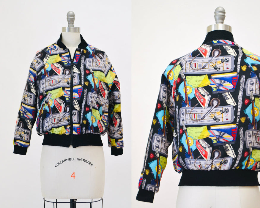 90s Hip Hop Music Jacket Nicole Miller Silk Bomber Jacket with Music // Vintage Music DJ Club Party Printed Jacket Kids Medium Adult size XS
