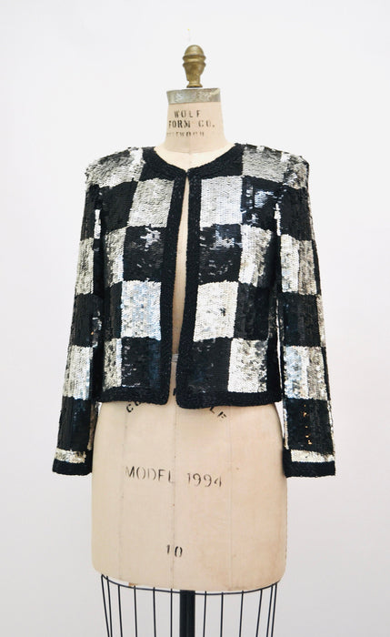 Vintage Sequin Jacket Black Silver Metallic Checker Plaid Small // Vintage Sequin Jacket Blazer Silver Black Checkered Sequin Glam