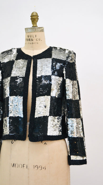 Vintage Sequin Jacket Black Silver Metallic Checker Plaid Small // Vintage Sequin Jacket Blazer Silver Black Checkered Sequin Glam