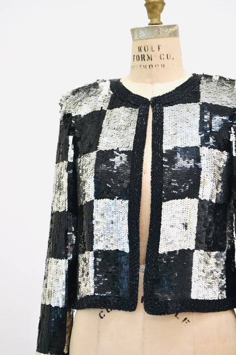 Vintage Sequin Jacket Black Silver Metallic Checker Plaid Small // Vintage Sequin Jacket Blazer Silver Black Checkered Sequin Glam