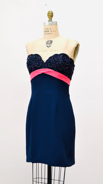 90s Vintage BOB MACKIE Dress Navy Blue Sequin Beaded Metallic Strapless Dress Medium // 90s Navy blue Pink Sequin Cocktail Party Dress