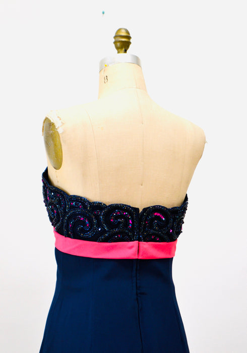 90s Vintage BOB MACKIE Dress Navy Blue Sequin Beaded Metallic Strapless Dress Medium // 90s Navy blue Pink Sequin Cocktail Party Dress