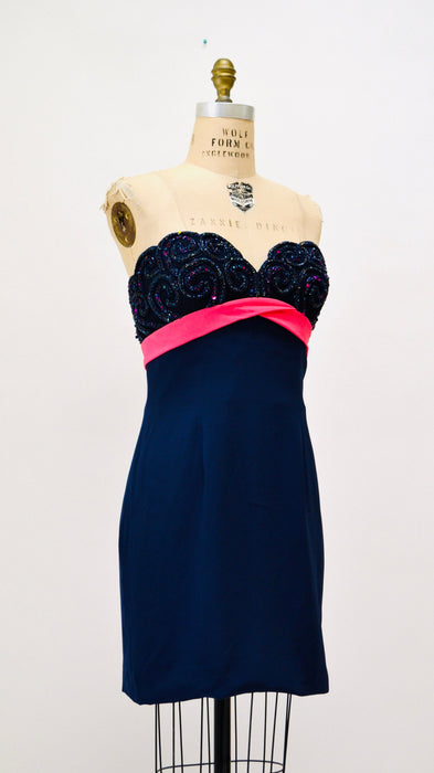 90s Vintage BOB MACKIE Dress Navy Blue Sequin Beaded Metallic Strapless Dress Medium // 90s Navy blue Pink Sequin Cocktail Party Dress