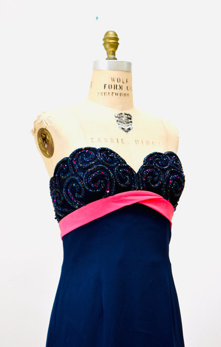 90s Vintage BOB MACKIE Dress Navy Blue Sequin Beaded Metallic Strapless Dress Medium // 90s Navy blue Pink Sequin Cocktail Party Dress