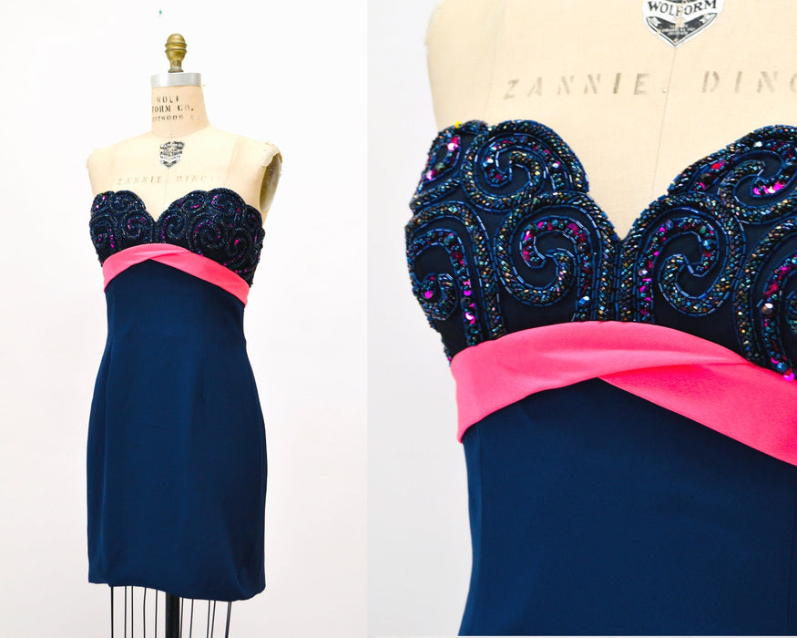 90s Vintage BOB MACKIE Dress Navy Blue Sequin Beaded Metallic Strapless Dress Medium // 90s Navy blue Pink Sequin Cocktail Party Dress
