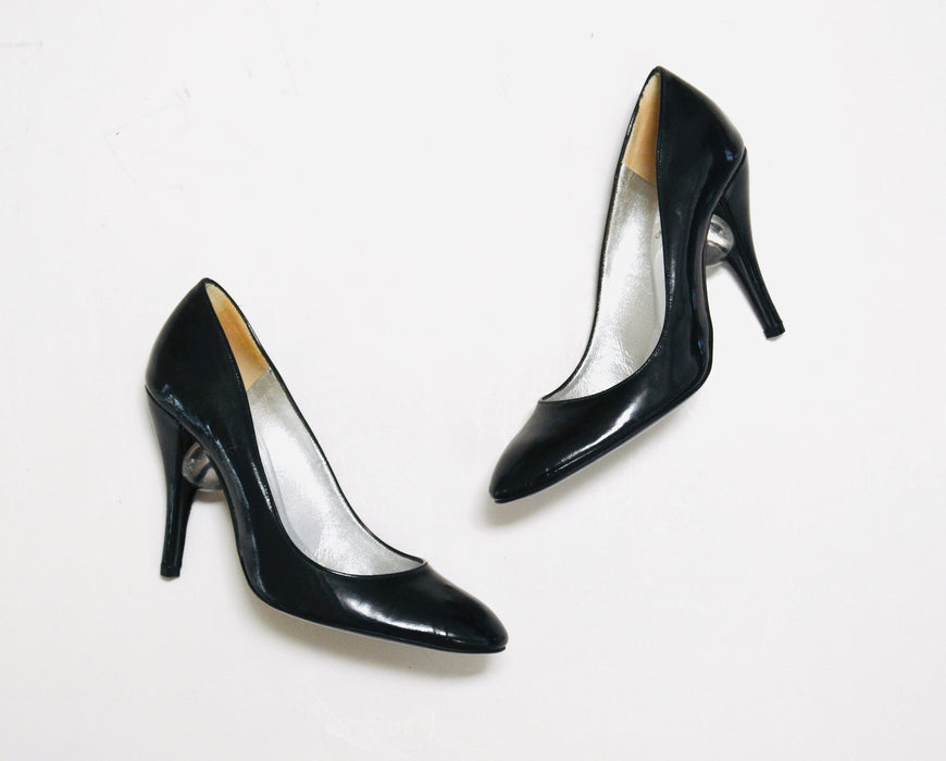 90s y2k Vintage Charles Jourdan Black Patent leather High Heel Shoes Pumps size 6 Made in France Black High Heels Clear lucite Ball Heels