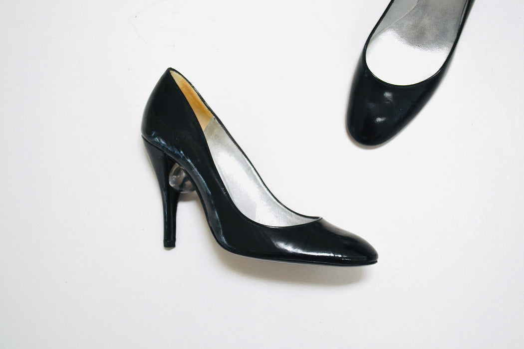 90s y2k Vintage Charles Jourdan Black Patent leather High Heel Shoes Pumps size 6 Made in France Black High Heels Clear lucite Ball Heels