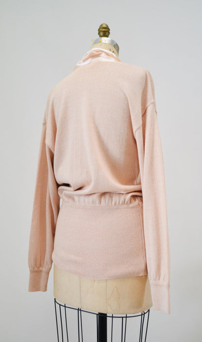 Vintage Pink Neutral Escada Sweater Sweater Small Medium Cotton Silk Pink Sweater Pull Over with Plunging neckline Summer Sweater