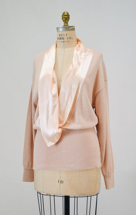 Vintage Pink Neutral Escada Sweater Sweater Small Medium Cotton Silk Pink Sweater Pull Over with Plunging neckline Summer Sweater