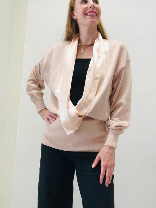 Vintage Pink Neutral Escada Sweater Sweater Small Medium Cotton Silk Pink Sweater Pull Over with Plunging neckline Summer Sweater
