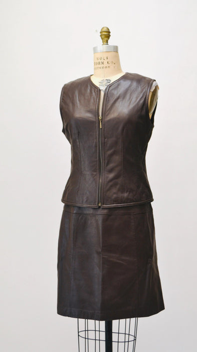80s 90s Vintage Brown Leather Vest and Skirt Suit Leather Medium Large Leather Vest Skirt Brown Leather Skirt By