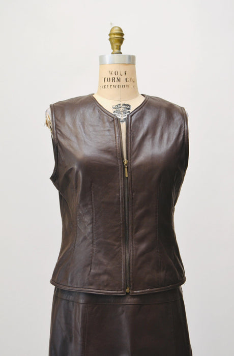 80s 90s Vintage Brown Leather Vest and Skirt Suit Leather Medium Large Leather Vest Skirt Brown Leather Skirt By