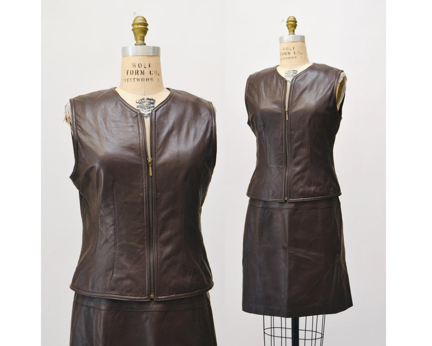 80s 90s Vintage Brown Leather Vest and Skirt Suit Leather Medium Large Leather Vest Skirt Brown Leather Skirt By