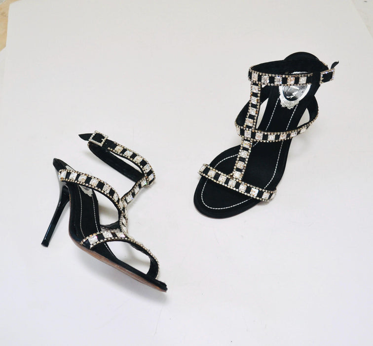 Vintage 00s Black Rhinestone High Heel Sandals Size 7 37 By Rene Caovilla Rhinestone High Heel Sandals Strapy Wedding Shoes Ankle strap heel