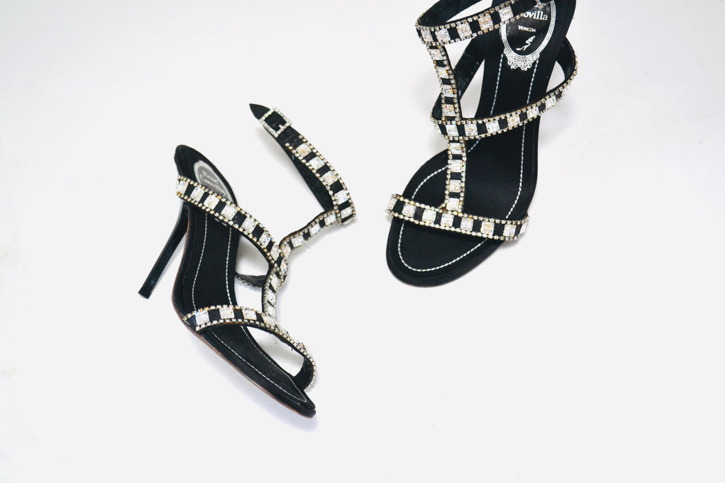 Vintage 00s Black Rhinestone High Heel Sandals Size 7 37 By Rene Caovilla Rhinestone High Heel Sandals Strapy Wedding Shoes Ankle strap heel