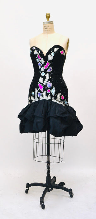 80s 90s Vintage Bob Mackie Dress Black Sequin Beaded Metallic Strapless Dress XS Small// Black Metallic beaded Dress XS Small Bob Mackie