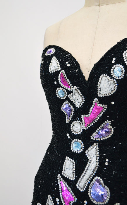 80s 90s Vintage Bob Mackie Dress Black Sequin Beaded Metallic Strapless Dress XS Small// Black Metallic beaded Dress XS Small Bob Mackie