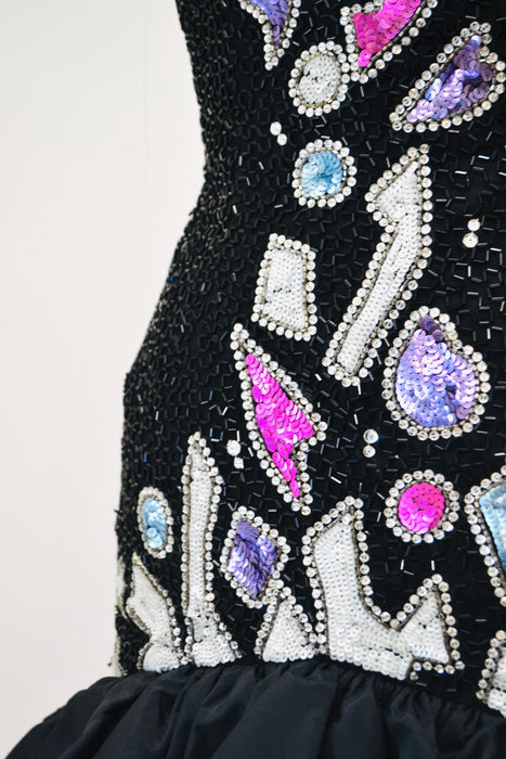80s 90s Vintage Bob Mackie Dress Black Sequin Beaded Metallic Strapless Dress XS Small// Black Metallic beaded Dress XS Small Bob Mackie