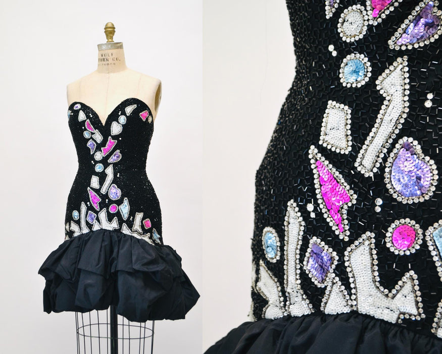 80s 90s Vintage Bob Mackie Dress Black Sequin Beaded Metallic Strapless Dress XS Small// Black Metallic beaded Dress XS Small Bob Mackie