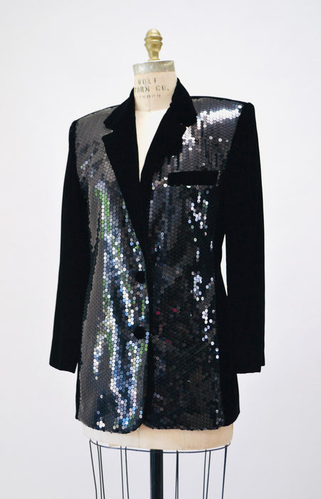 90s Vintage Black Sequin Jacket Blazer Medium//  90s Glam Party Black Sequin Jacket Size Small Medium By Criscione Party Jacket