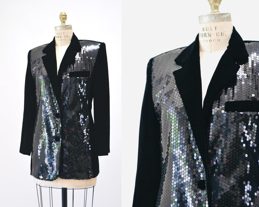 90s Vintage Black Sequin Jacket Blazer Medium//  90s Glam Party Black Sequin Jacket Size Small Medium By Criscione Party Jacket